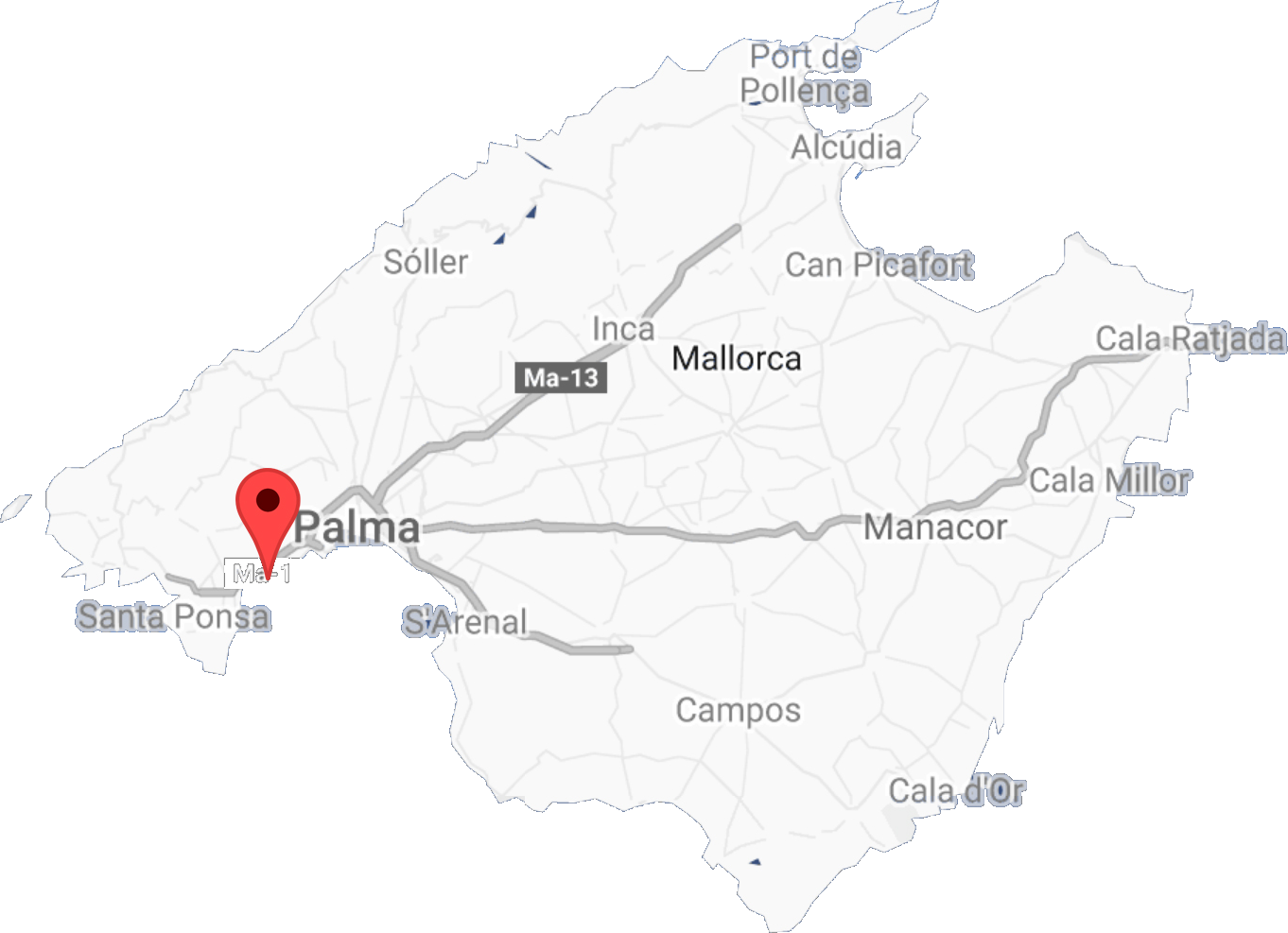 map of mallorca with elegant yachts office pinpointed
